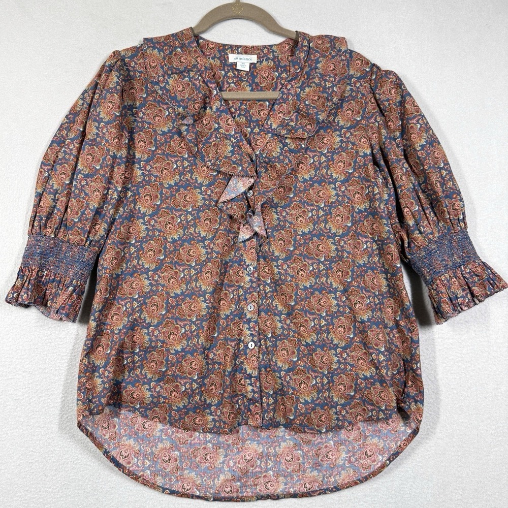 Sundance Top Women XS Jeanie Paisley Ruffle Floral Smocked Sleeve Cottage Blouse